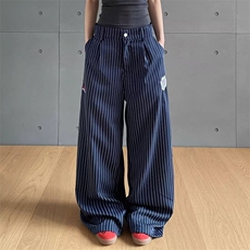蓝色条纹裤女夏季新款大码胖mm宽松显瘦遮肉微胖休闲裤拼接阔腿裤，男装休闲裤，星座506A
