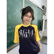夏季美式高街重磅纯棉三条杠织带插肩撞色男女短袖T恤CZ91-特P25，男装T恤，电商A486