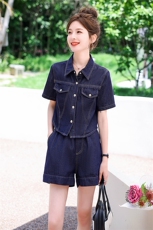 欧货高级感薄款牛仔套装女2025夏季新款小个子网红减龄短裤两件套，女装套装/套裙，意芙