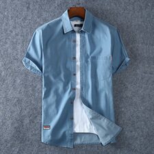 XL-8XL夏薄男装休闲纯棉牛仔短袖衬衫竹节牛仔半袖衬衣1183款，男装衬衫，星座802