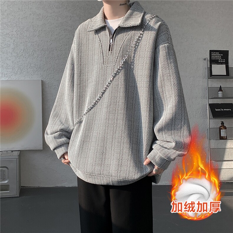 雪尼尔满天星半拉链翻领卫衣大码高级Polo衫外套LW610特P50加绒60,男装Polo衫,电商B215