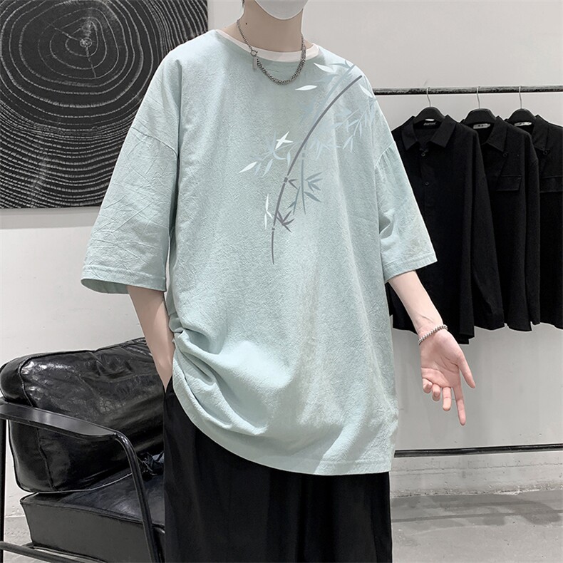 YT26393-P30亚麻短袖t恤男大码五分袖男宽松七分袖大皂风模特,男装T恤,电商A040