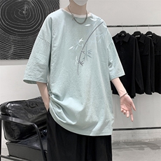 YT26393-P30亚麻短袖t恤男大码五分袖男宽松七分袖大皂风模特，男装T恤，电商A040