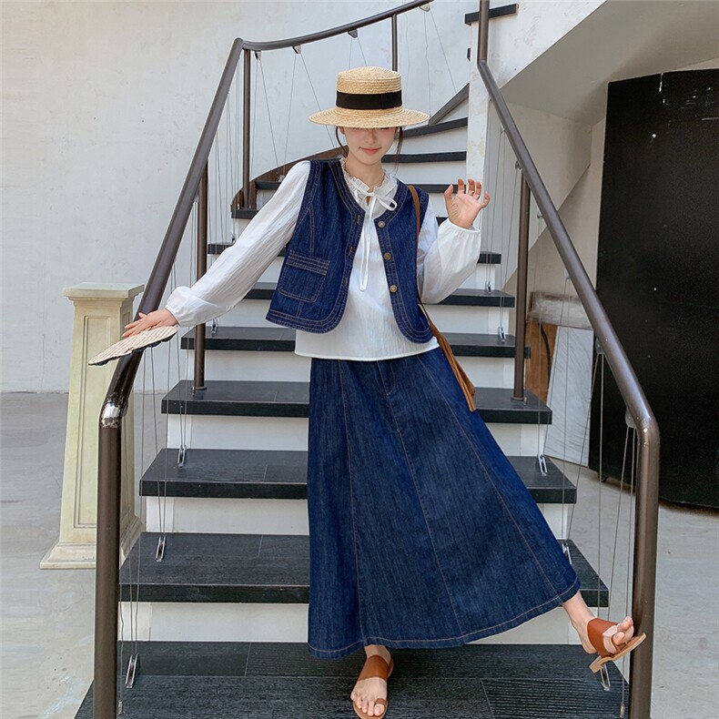 JOJO/玖了个玖2025春夏极简百搭立体剪裁原牛牛仔半裙2503C1047，女装套装/套裙，诺蝶