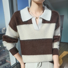 2025秋冬百搭时尚简约polo领条纹长袖针织衫，女装针织衫/毛衣，冬贝尔貂绒