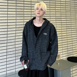 深灰色连帽毛衣美式高街男生秋冬季外套针织开衫12809-68图片