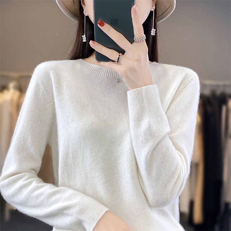 圆领新款针织长袖女纯色简约百搭宽松套头上衣,针织衫/毛衣,戎洋