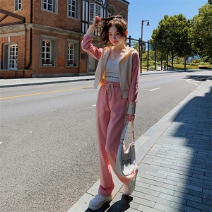 超火多巴胺穿搭粉色连帽卫衣套装女春秋2025新款休闲运动两件套裤图片