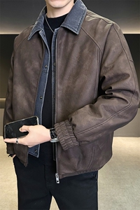 标50绒 男士翻领假两件短款PU皮羽绒服休闲保暖外套 5065-P255图片