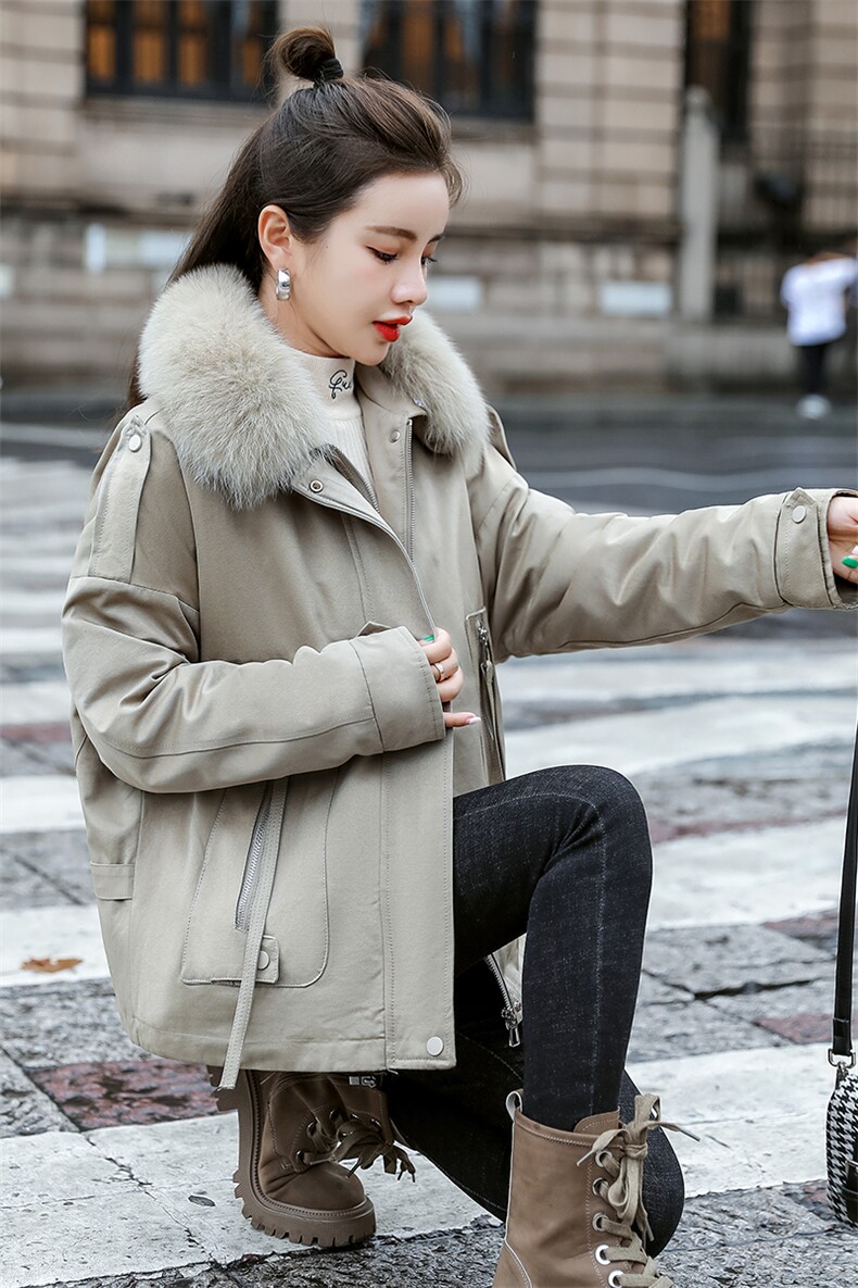 棉衣/棉服2021新款冬仿羊羔毛中长款工装棉服派克服女外套配毛领,女装派克服,瑶迪依秀
