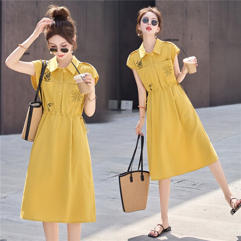 高级感刺绣翻领连衣裙女2025夏季新款减龄气质收腰显瘦休闲衬衫裙，女装连衣裙，意芙