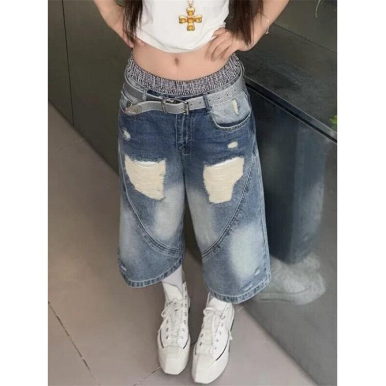 破洞阔腿牛仔短裤女夏季高街设计感宽松高腰阔腿七分裤子ND3804,男装牛仔裤,星座1116A（原606A-3）