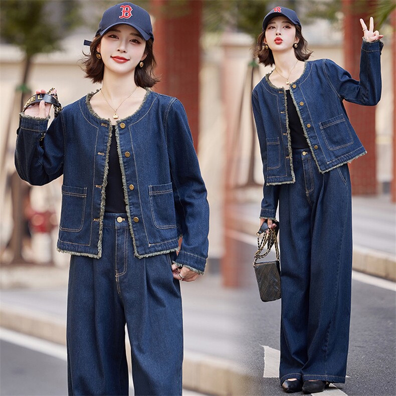 时尚套装女2025春秋复古牛仔短外套宽松长裤休闲潮流风格两件套潮,女装套装/套裙,仟媚宠