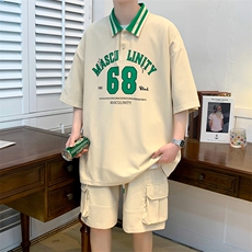 夏季港风短袖POLO衫运动休闲套装男情侣T恤短裤两件套潮6630-P55，男装Polo衫，电商A441-1