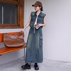 现货时尚休闲牛仔马甲套装裙女2024秋新款洋气减龄半身裙两件套，女装套装/套裙，江南女神