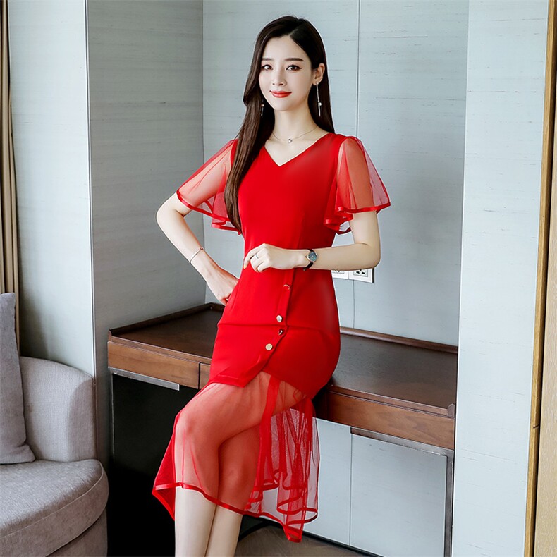 时尚V领连衣裙不规则裙2023年夏季宽松腰荷叶,女装连衣裙,卡杰菲