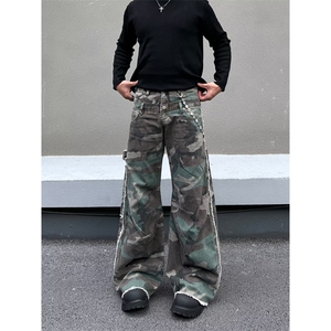 复古水洗斜口袋迷彩男美式高街百搭vibe直筒宽牛仔长裤AM7091 P66图片