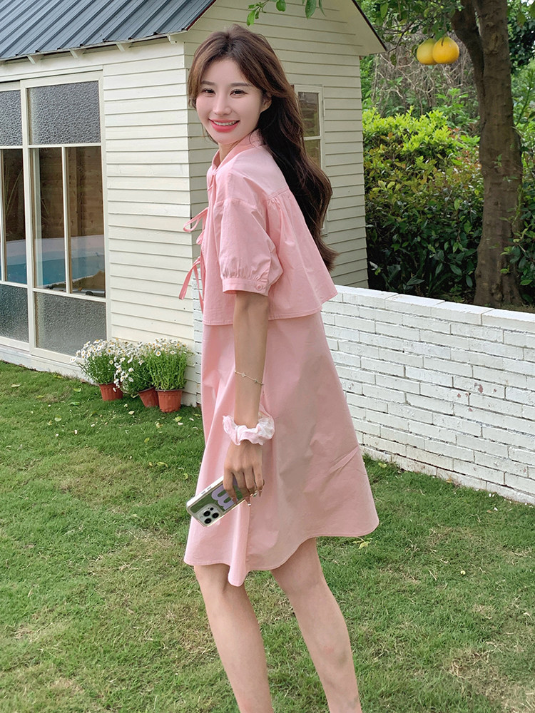 法式俏皮减龄假两件连衣裙女2025夏季新款韩版收腰显瘦衬衫短裙子,女装连衣裙,浙宝192（原082）