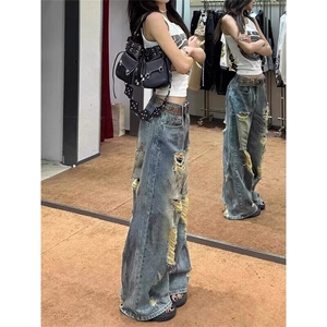 美式高街破洞直筒牛仔裤男女 休闲裤NK804/P48图片