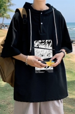 LD54176-P45连帽短袖t恤男大码胖子带帽五分袖中袖，男装T恤，电商A040