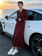 欧货休闲时尚套装裙女春款设计感修身褶皱长袖上衣半身长裙两件套，女装套装/套裙，江南