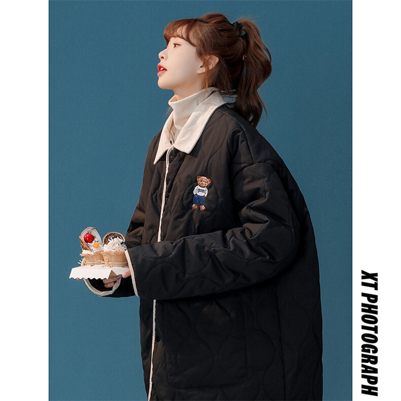 1中性风灯芯绒拼接假两件葫芦型小熊连帽棉衣女8713P135控168，女装棉衣/棉服，星座226-2