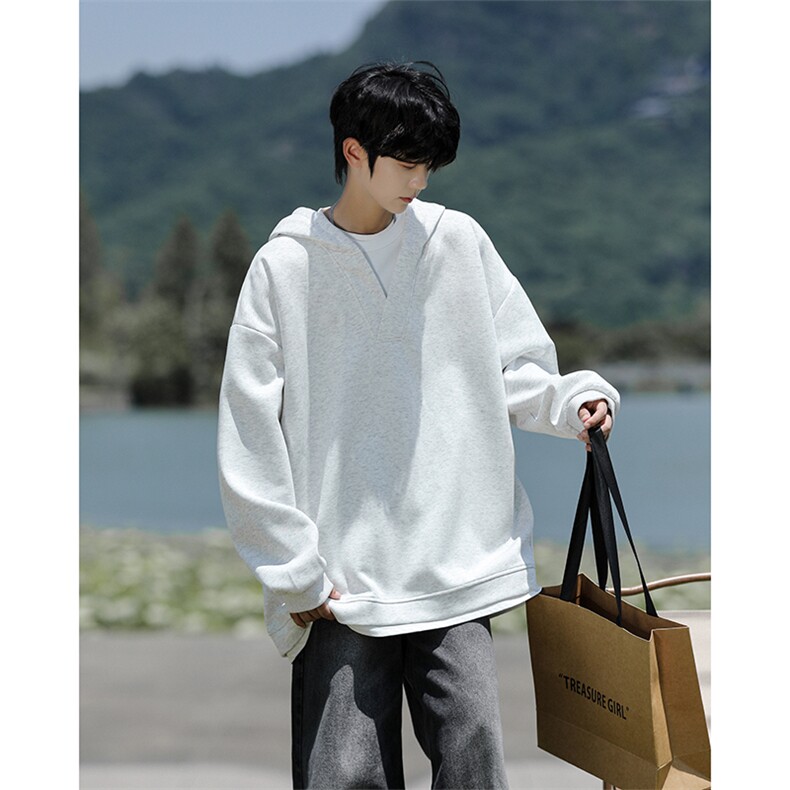 8XL-M叠穿假两件卫衣重磅连帽V领拼接套头衫宽松大码外套WY006P65，男装卫衣，电商B312