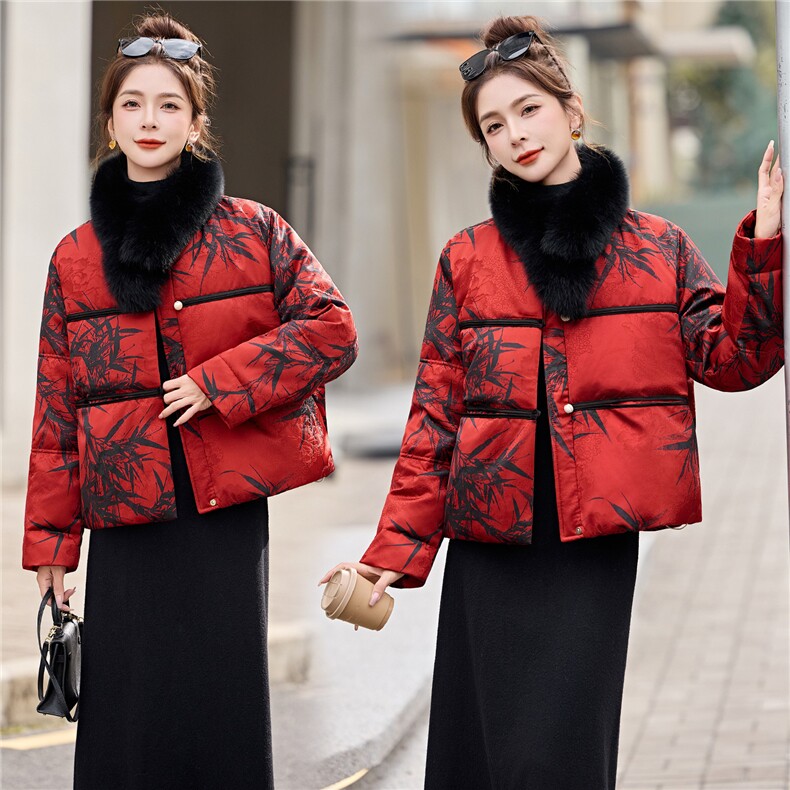 新中式时尚提花真狐狸毛短款羽绒服女2025年冬季新款外套90白鸭绒,女装羽绒服,润尚靓点