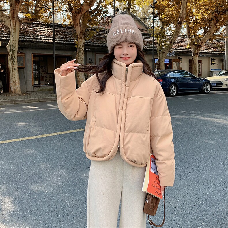 韩系时尚短款奶咖色羽绒服女2025冬季新款显瘦保暖白鸭绒立领外套,女装羽绒服,2C316