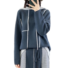 秋冬新款连帽抽绳100%羊绒衫女宽松拼色时尚慵懒羊毛针织打底上衣，女装羊毛衫，若菲羊绒