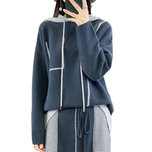 秋冬新款连帽抽绳100%羊绒衫女宽松拼色时尚慵懒羊毛针织打底上衣图片