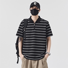 夏季男士短袖T恤翻领半拉链条纹休闲百搭上衣PL88559-P68控109，男装T恤，电商A237