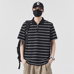 夏季男士短袖T恤翻领半拉链条纹休闲百搭上衣PL88559-P68控109图片