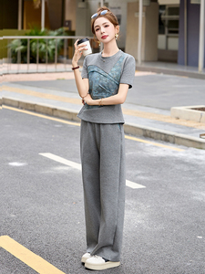 休闲运动套装女小个子2025夏季新款韩版针织大码短袖长裤两件套潮图片