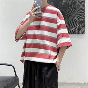 夏季港风条纹休闲宽松短袖T恤衫男装大码潮流上衣D201-DM511-P30图片