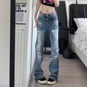 网图现货 美式宽松破洞水洗蓝色直筒牛仔裤女K0774/P45图片