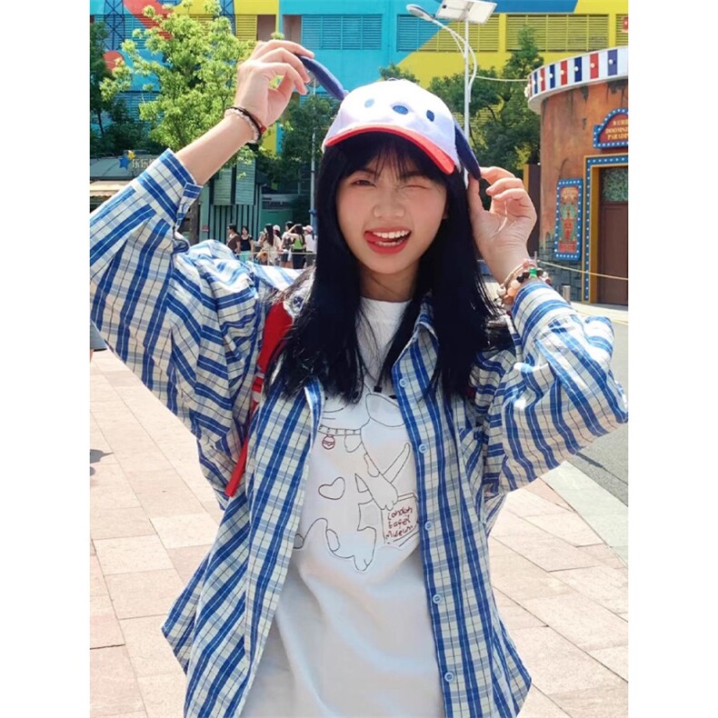 TC1316-P55经典蓝白色格子衬衫女春夏季新款港风宽松休闲衬衣上衣,女装衬衫,星座617A-2