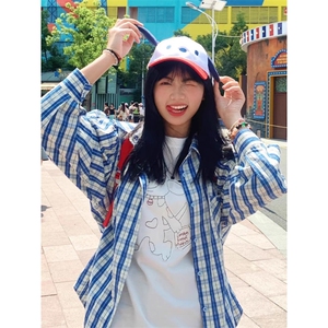 TC1316-P55经典蓝白色格子衬衫女春夏季新款港风宽松休闲衬衣上衣图片
