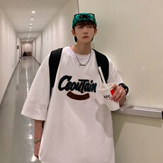 纯棉紧密赛络260g港风五分袖毛巾绣短袖t恤男青少年美式字母t恤，男装T恤，星座715-4