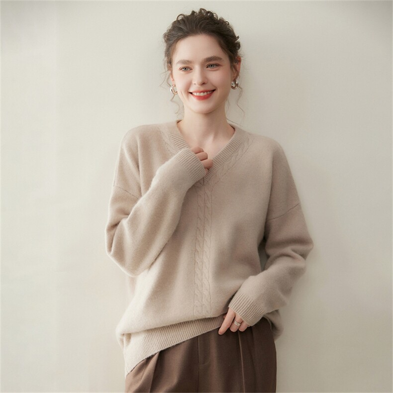 慵懒宽松~韩版山羊绒衫女减龄厚毛衣保暖2025秋冬V领针织羊毛粉色,女装羊绒衫,澳煜绒