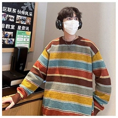 A998宽松美式复古拼色条纹针织衫学院风圆领套头毛衣男，男装针织衫/毛衣，星座308A-1（原309B-1）