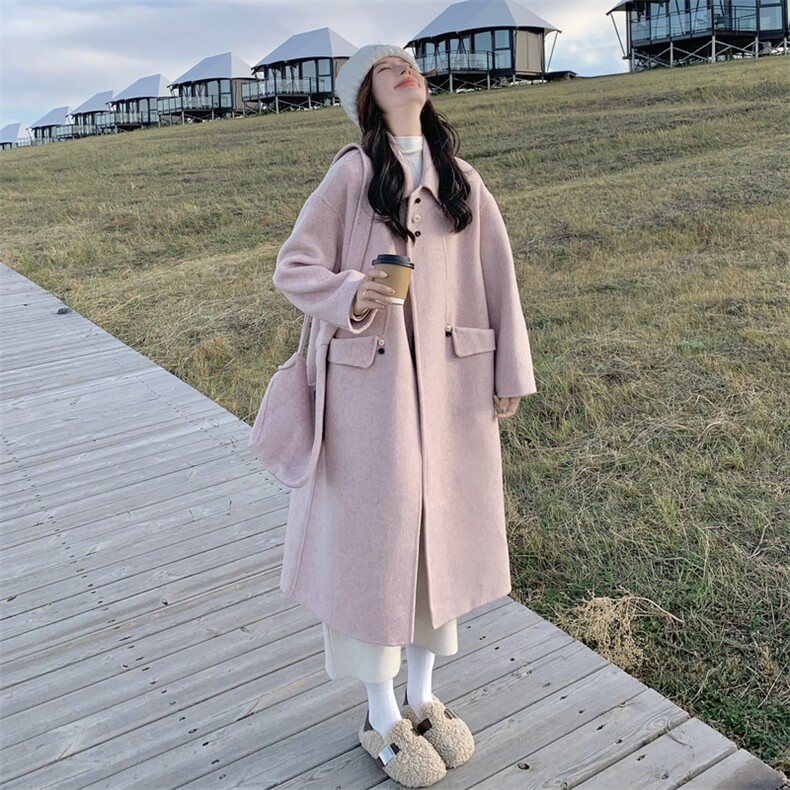 粉色茧型宽松羊毛双面羊绒大衣女冬新款高级感长过膝加厚毛呢外套,女装羊绒大衣,2C056