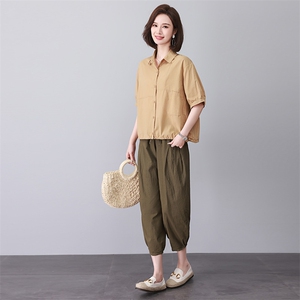 时尚宽松棉麻套装女夏新款休闲两件套短袖衬衫阔腿裤图片