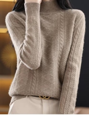 2025秋冬季新款针织衫女加厚扭花半高领宽松打底衫毛衣，女装针织衫/毛衣，犀桦羊绒