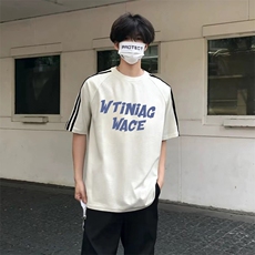 抖音得物高品质二开240克宽松纯棉美式潮牌三条杠织带短袖T恤，男装T恤，电商A486-1