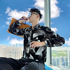 ACS106/P58控88秋季社会小伙翻领撞色高级设计感长袖衬衫男黑首，男装衬衫，星座305B-1