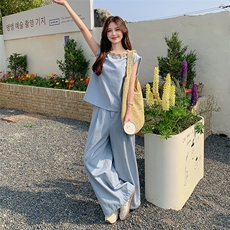 蓝色超好看休闲减龄背心套装女夏新款小个子无袖上衣阔腿裤两件套，女装套装/套裙，2C280