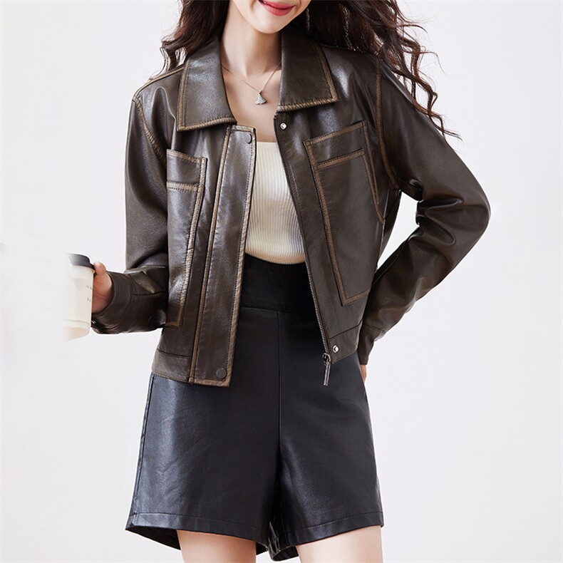 复古短款机车皮衣外套女春季2024新款宽松炸街小个子pu皮夹克上衣,女装皮衣,潮流依族