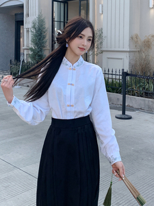 优雅新中式立领提花衬衫修身显瘦长袖上衣搭配高腰马面裙图片