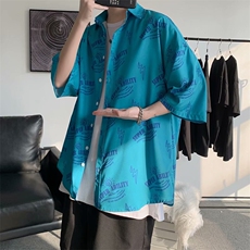 满印衬衫男士短袖夏季港风日系慵懒风衬衣宽松设计感小众寸衫外套，男装T恤，星座1210-1
